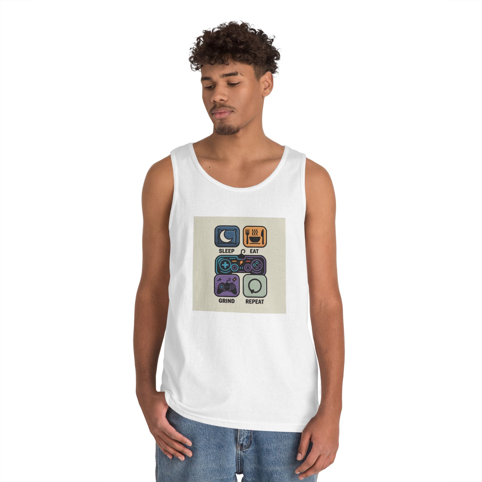 Gaming Lifestyle Tank Top | Sleep Eat Grind Replay | Unisex Cotton Tee for Gamers, Birthday Gift, Casual Wear, Funny Top, Gamer Apparel
