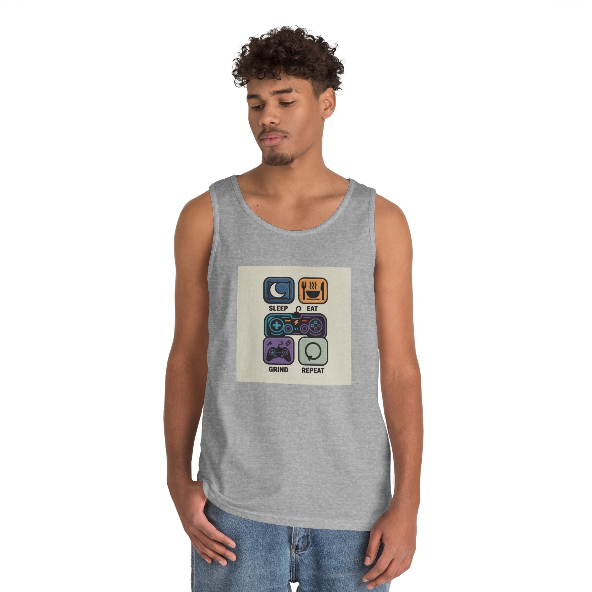 Gaming Lifestyle Tank Top | Sleep Eat Grind Replay | Unisex Cotton Tee for Gamers, Birthday Gift, Casual Wear, Funny Top, Gamer Apparel