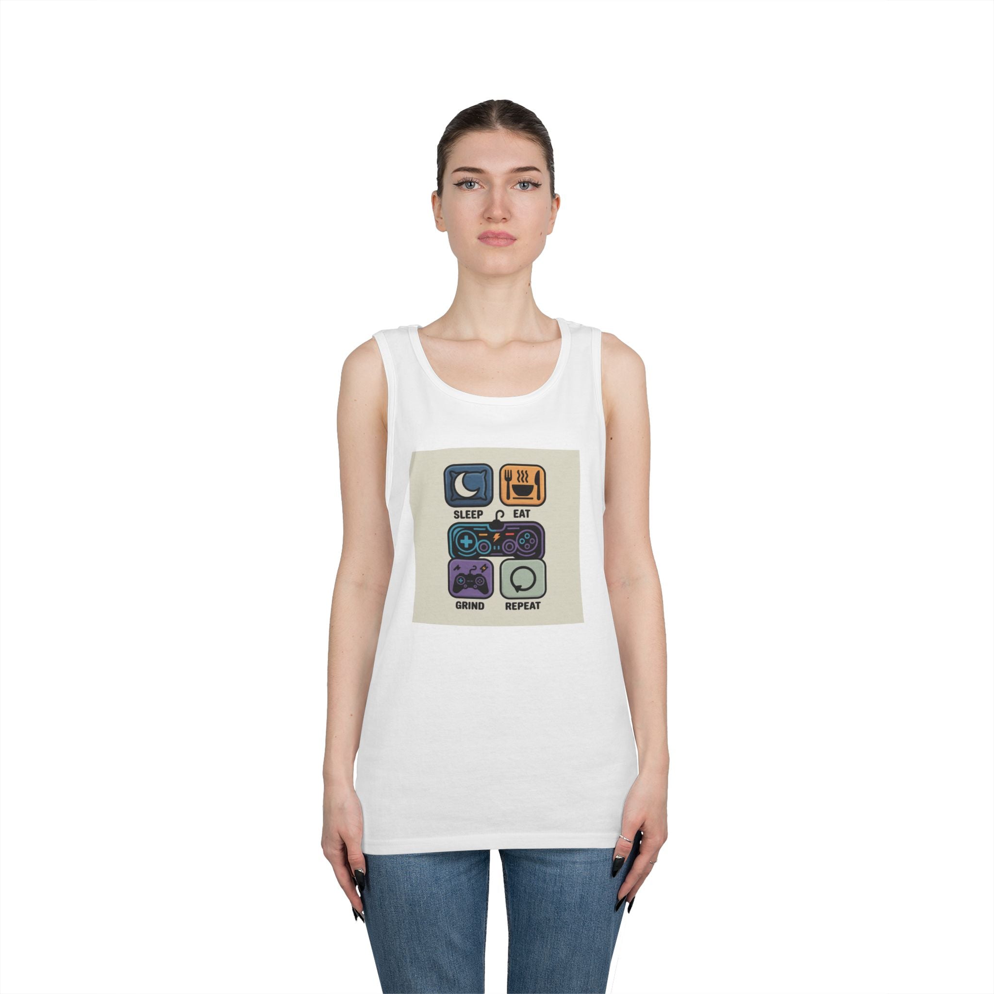 Gaming Lifestyle Tank Top | Sleep Eat Grind Replay | Unisex Cotton Tee for Gamers, Birthday Gift, Casual Wear, Funny Top, Gamer Apparel