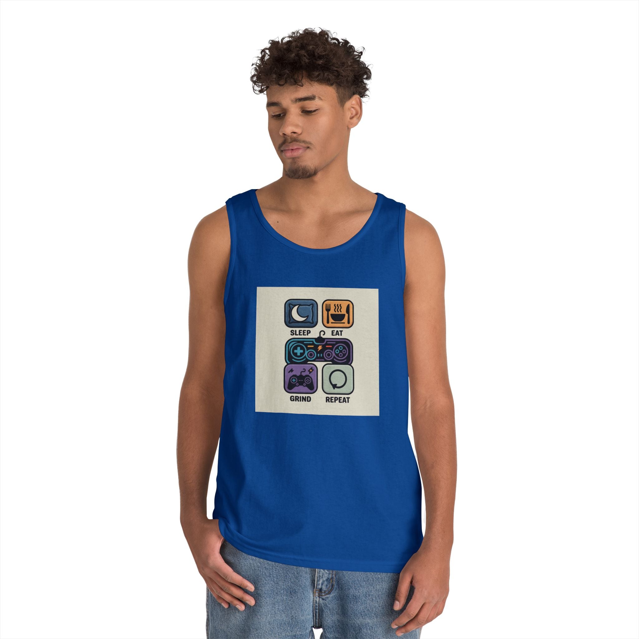 Gaming Lifestyle Tank Top | Sleep Eat Grind Replay | Unisex Cotton Tee for Gamers, Birthday Gift, Casual Wear, Funny Top, Gamer Apparel