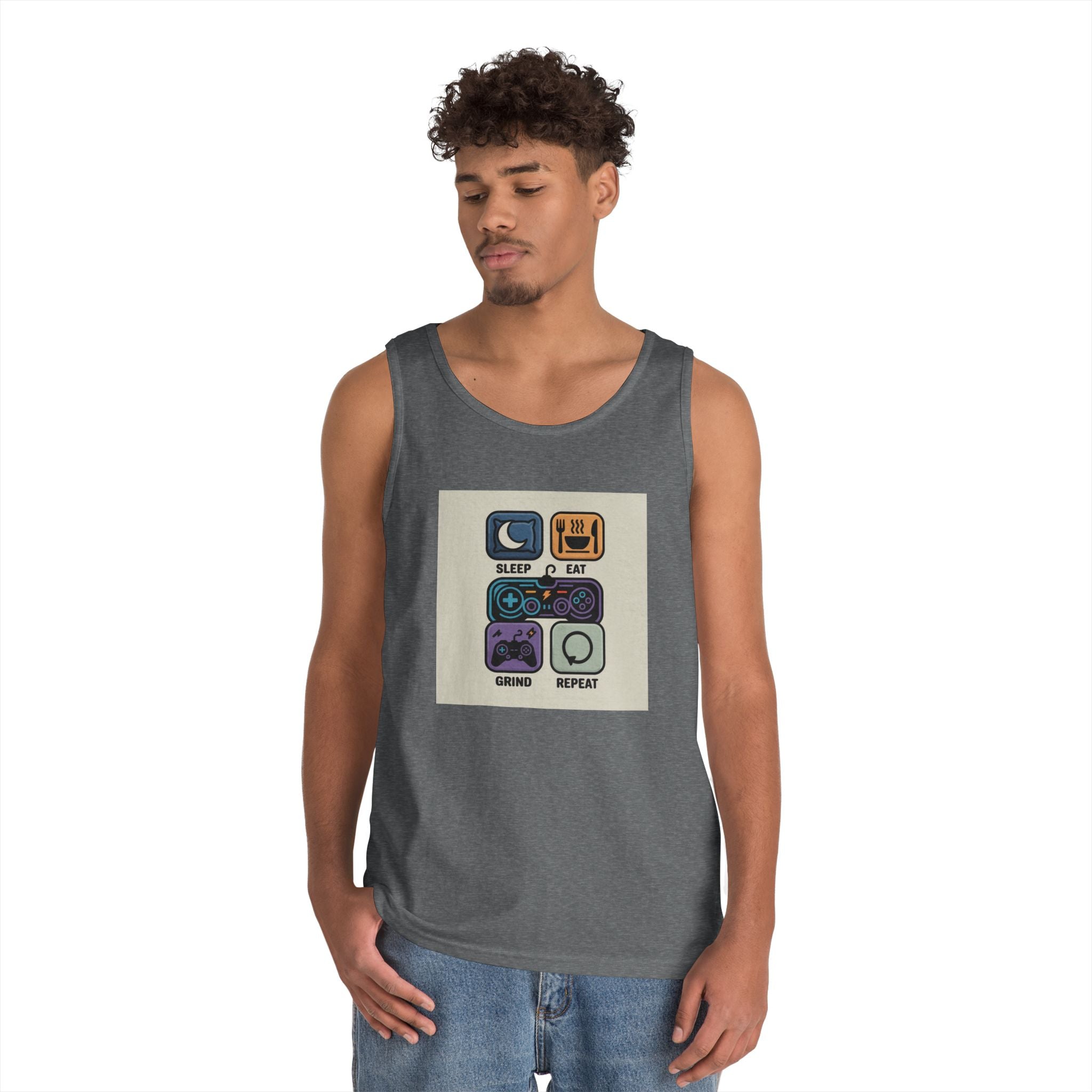 Gaming Lifestyle Tank Top | Sleep Eat Grind Replay | Unisex Cotton Tee for Gamers, Birthday Gift, Casual Wear, Funny Top, Gamer Apparel