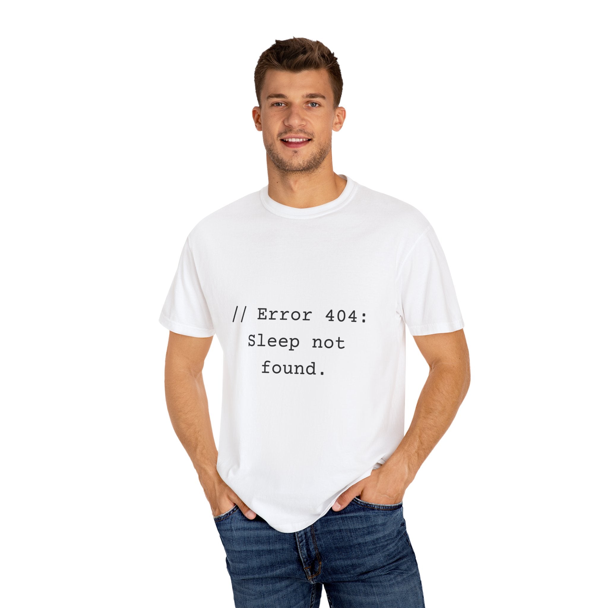 Error 404 Sleep Not Found Unisex T-Shirt, Funny Gift for Tech Lovers, Casual Fashion, Gift for Programmers, Relaxed Fit Tee, Humor Apparel