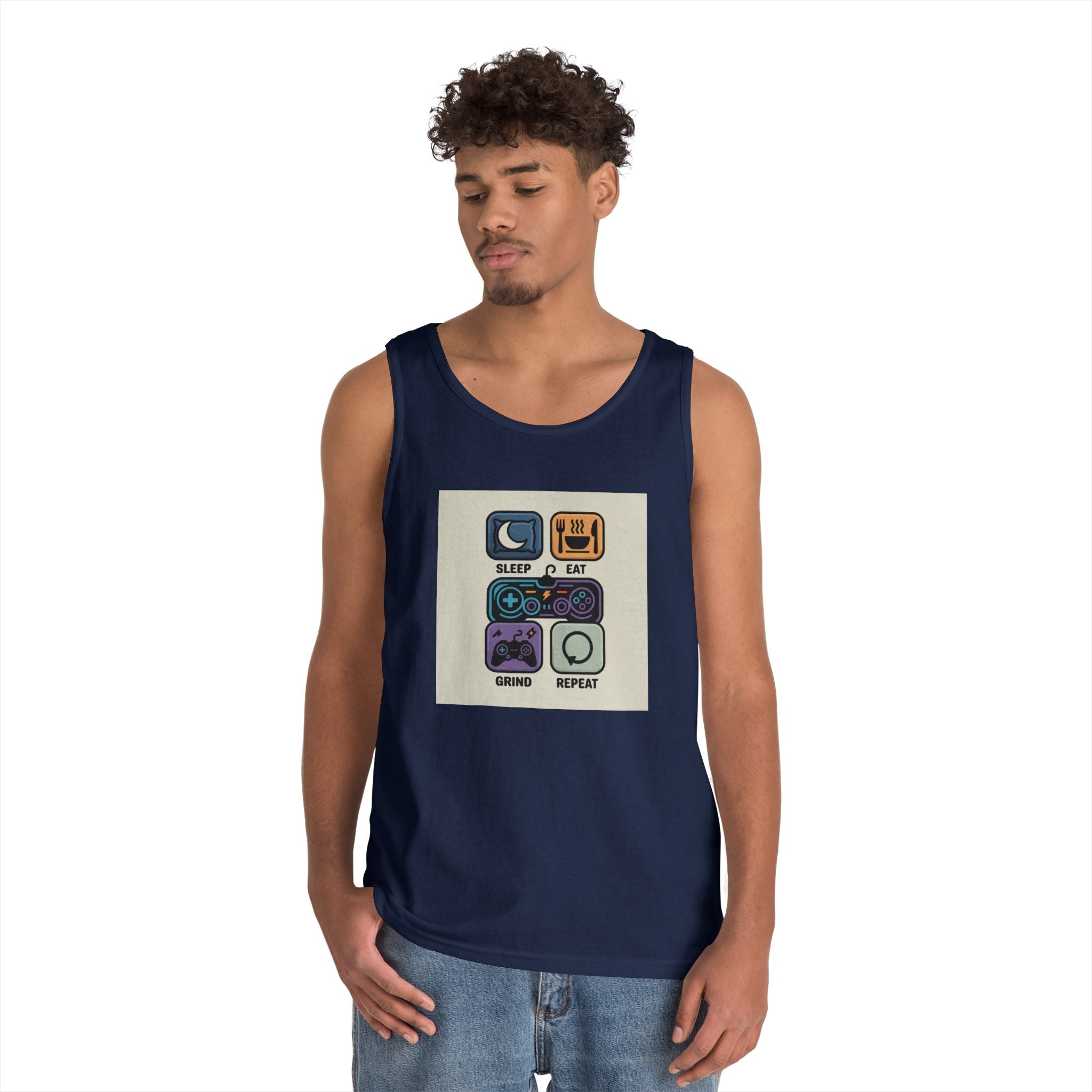 Gaming Lifestyle Tank Top | Sleep Eat Grind Replay | Unisex Cotton Tee for Gamers, Birthday Gift, Casual Wear, Funny Top, Gamer Apparel