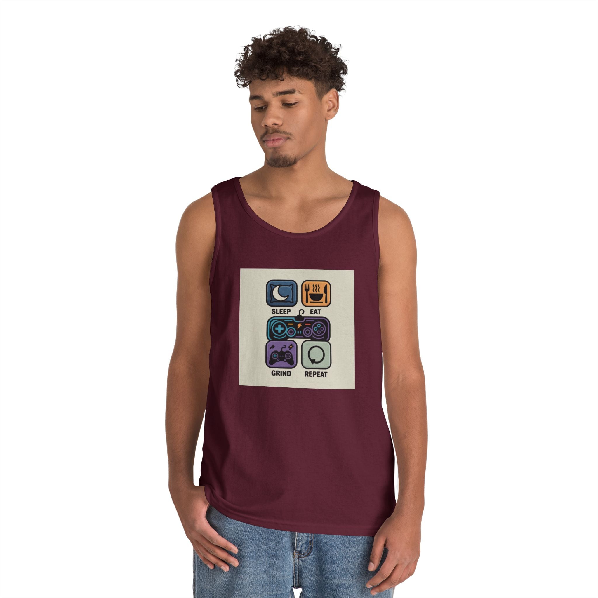 Gaming Lifestyle Tank Top | Sleep Eat Grind Replay | Unisex Cotton Tee for Gamers, Birthday Gift, Casual Wear, Funny Top, Gamer Apparel