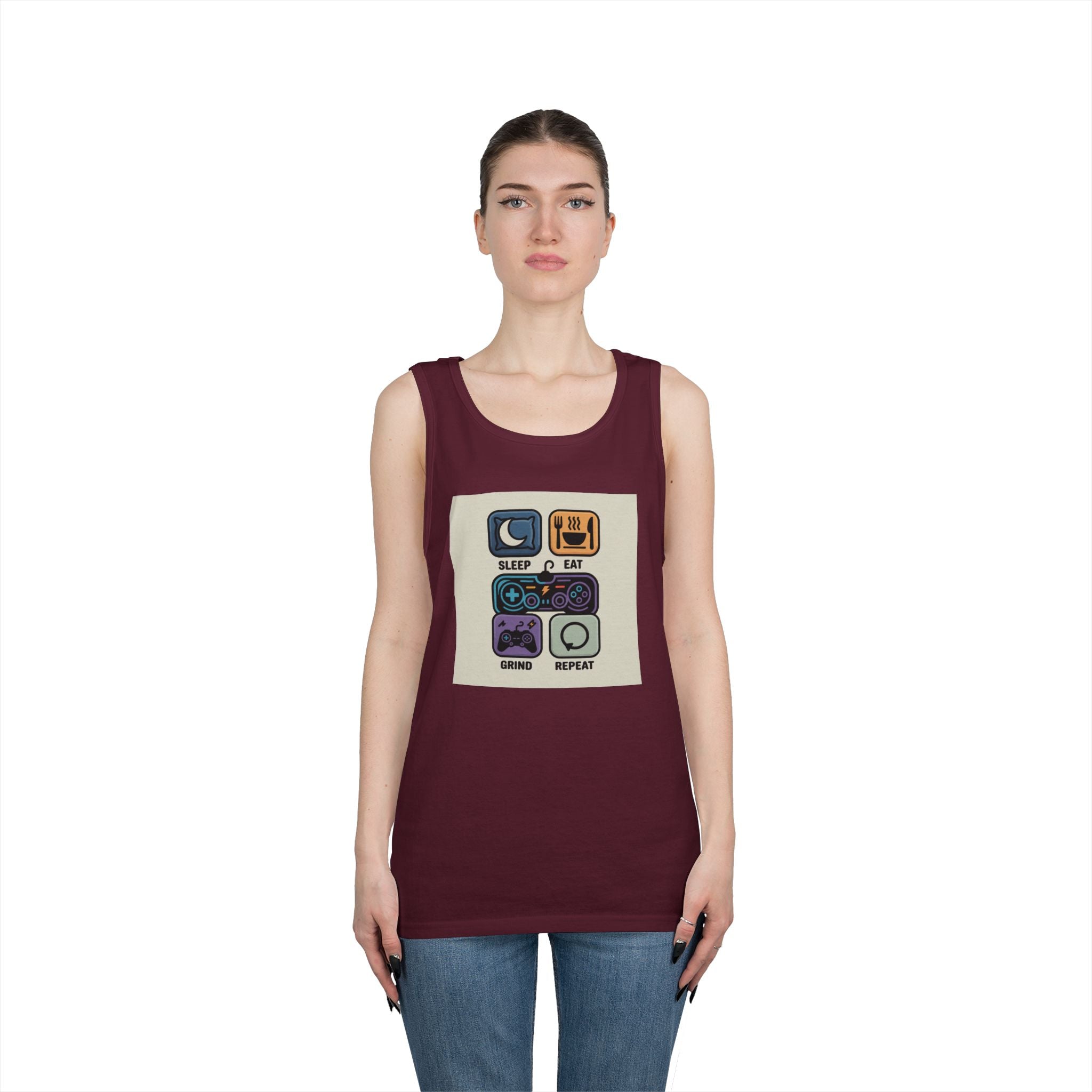 Gaming Lifestyle Tank Top | Sleep Eat Grind Replay | Unisex Cotton Tee for Gamers, Birthday Gift, Casual Wear, Funny Top, Gamer Apparel