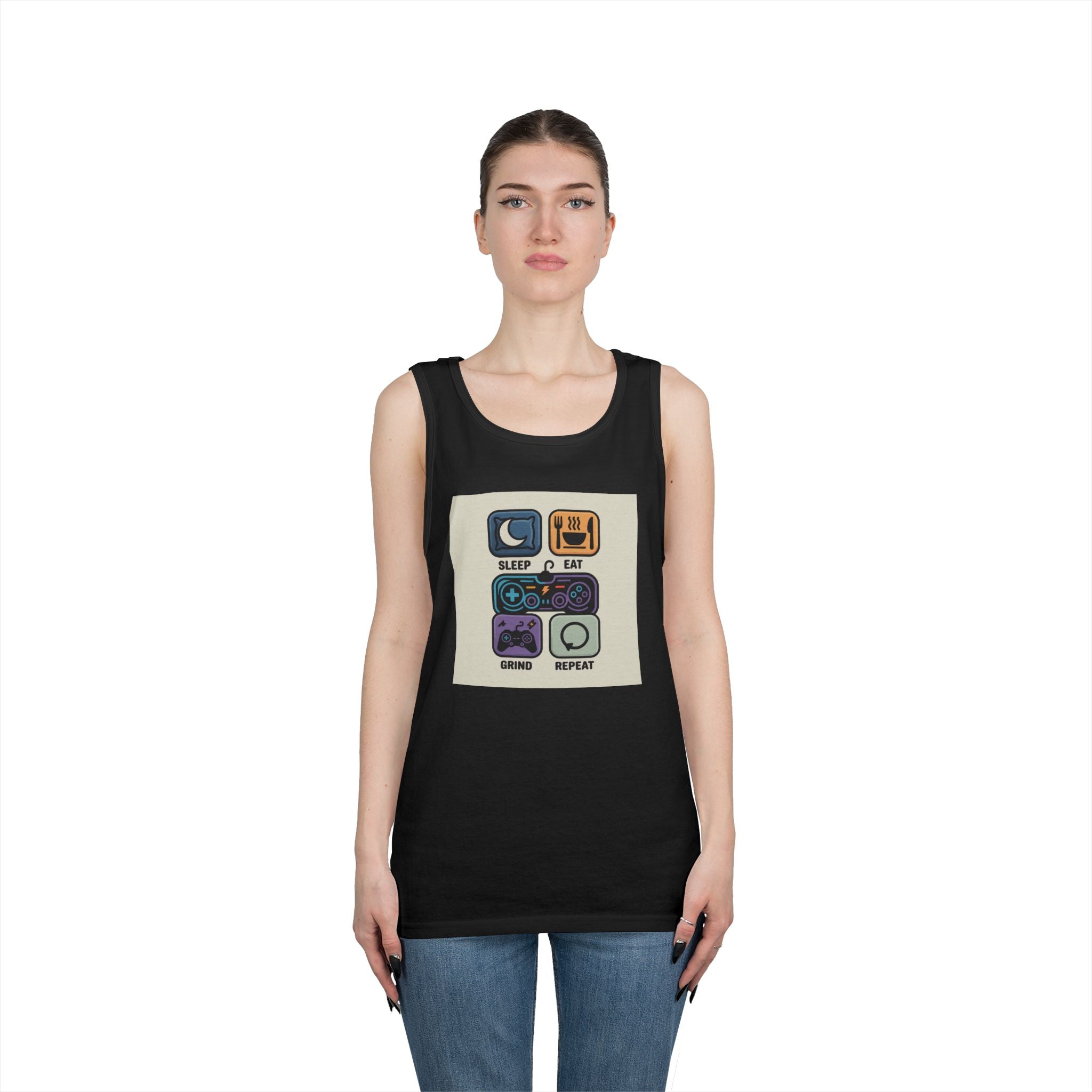 Gaming Lifestyle Tank Top | Sleep Eat Grind Replay | Unisex Cotton Tee for Gamers, Birthday Gift, Casual Wear, Funny Top, Gamer Apparel