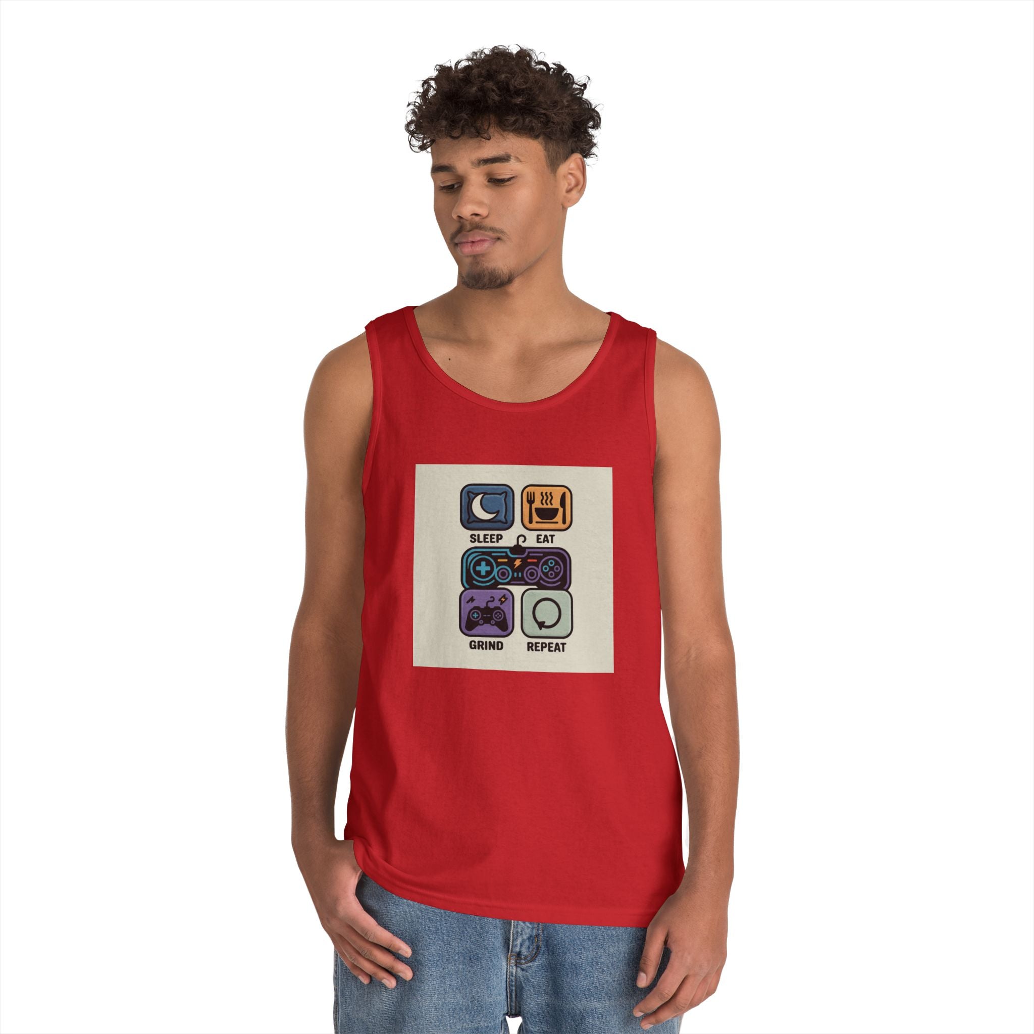 Gaming Lifestyle Tank Top | Sleep Eat Grind Replay | Unisex Cotton Tee for Gamers, Birthday Gift, Casual Wear, Funny Top, Gamer Apparel